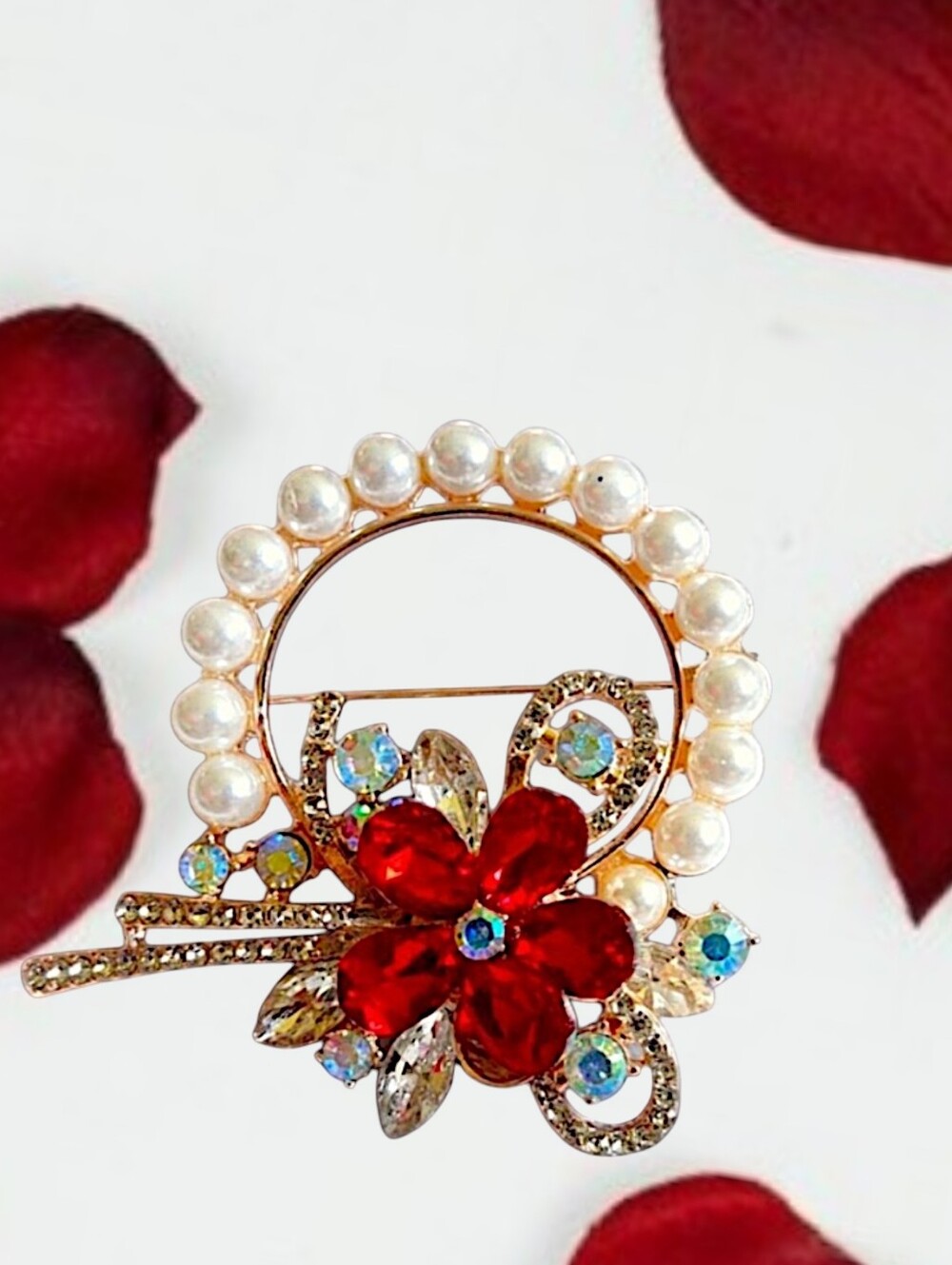 Faux Pearl and Red Rhinestone Floral Brooch